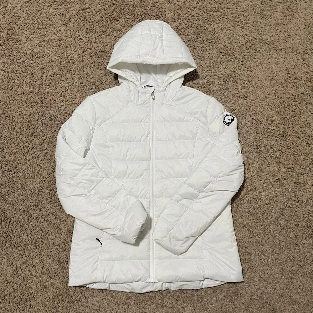 Spyder Puffer Jacket Womens Large Bright White Hooded Quilted Full Zip Ski NEW